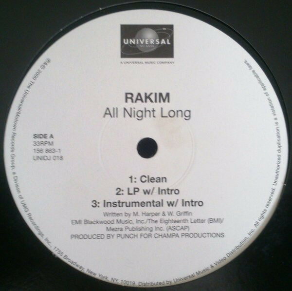 Artist Name: B - 【中古】米12" Rakim All Night Long UNIDJ018 Universal Records /00250