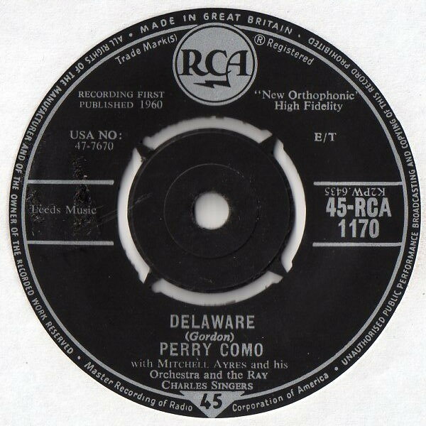 【中古】英7” Perry Como Delaware 45RCA1170 RCA /00080