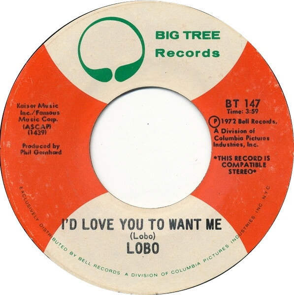 Artist Name: N - 【中古】7” Lobo (3) Id Love You To Want Me BT147 Big Tree Records /00080