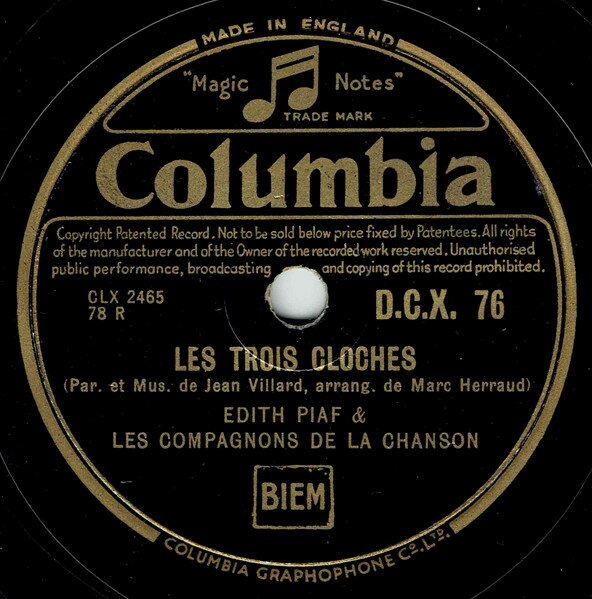 【中古】英78RPM/SP Edith Piaf, Les Compagnons De Les Trois Cloches / Perrine Etait Servante DCX76 COLUMBIA 12 /00500