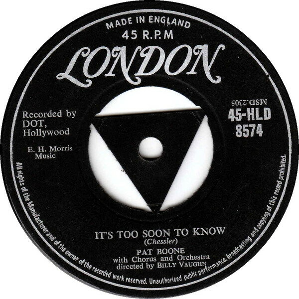 ・アーティスト Pat Boone ・タイトル It's Too Soon To Know ・レーベル・型番 London Records 45HLD8574 ・フォーマット 7インチレコード ・コンディション(盤) 良い (VG+) ・コンディション(ジャケット) プレインカバー（元ジャケット／カバー無し） ・コンディション(帯) オビなし ・特記事項 サンプル画像です。実際の商品の画像ではありません 商品写真はバーコード/カタログ番号に対応したサンプル画像ですので、お送りする商品の画像ではありません。帯やライナーなどの付属品は、特記事項に記載されている場合のみ含まれます。プロモやカラーレコードなどの仕様についても、該当する場合のみ特記事項に記載しています。 【ご購入前に必ずご確認ください】 ・本店サイト(www.recordcity.jp)とは価格、送料が違います ・本店サイト、その他支店のオーダーとは同梱発送できません ・注文確定後に別の注文を頂いた場合、注文同士の同梱は致しかねます。 ・別倉庫から発送しているため、店頭受け渡しは対応しておりません ・一部商品は他の通販サイトでも販売しているため、ご注文のタイミングによっては商品のご用意ができない場合がございます。 ・土日祝日はお休みです 金曜・祝前日9時以降のご連絡またはご入金は、返答または発送が週明け・祝日明けに順次対応となります。 ・ご購入後のキャンセル不可 ご購入後のキャンセルはいかなる理由においてもお受けできません。ご了承の上、ご購入くださいませ。 ・日本郵便(ゆうパック/ゆうメール)によるお届けになります。 ・中古品であることをご理解ください 当ストアでは中古商品を主に販売しております。中古品であることをご理解の上ご購入ください。また、一部商品はRecordCityオンラインストアで試聴可能です。 ・返品について お客様のご都合による返品は一切承っておりません。 表記の内容と実際の商品に相違がある場合、また針飛び等で返品・返金をご希望される場合は、商品の到着後1週間以内にご連絡ください。商品の返送をこちらで確認後、キャンセル・返金を行います。 コンディションVG以下の商品は返品できません。プレイに影響のない表面のこすれ傷、プレス起因のノイズ盤は返品の対象外です。 【コンディション表記】 ・ほぼ新品(M-)(Like New) 完全な新品。未使用。当店ではほぼ使用しません ・非常に良い(EX)(Excellent) 中古盤として美品な状態。わずかな経年を感じるものの傷みを感じさせない、当店基準で最高の状態 ・良い(VG+)(Very Good Plus) 丁寧に扱われた中古品で、軽い使用感がみられる。 ・可(VG)(Acceptable) 使い込まれた中古品で、「良い」よりもさらに使用感がみられる。 ・悪い(VG-)(Bad) 状態が悪いアイテム。使用の保障はなく、再生不可、針飛び、目立つノイズがあるかもしれない。状態によるクレーム不可。返品不可。 ・非常に悪い(G)(Very Bad) 「悪い」よりさらに状態が悪いアイテム。使用の保障はなく、再生不可、針飛び、目立つノイズがあるかもしれない。状態によるクレーム不可。返品不可。 ・ジャンク(Fair)(Junk/Fair) 割れている、反っている、水ダメージがある、カビ、ジャケットが分離している、ひどい書き込み、ひどい擦れなど最低の状態。使用の保障はなく、再生不可、針飛び、目立つノイズがあるかもしれない。状態によるクレーム不可。返品不可。 ・ジャンク(Poor)(Junk/Poor) 割れている、反っている、水ダメージがある、カビ、ジャケットが分離している、ひどい書き込み、ひどい擦れなど最低の状態。使用の保障はなく、再生不可、針飛び、目立つノイズがあるかもしれない。状態によるクレーム不可。返品不可。