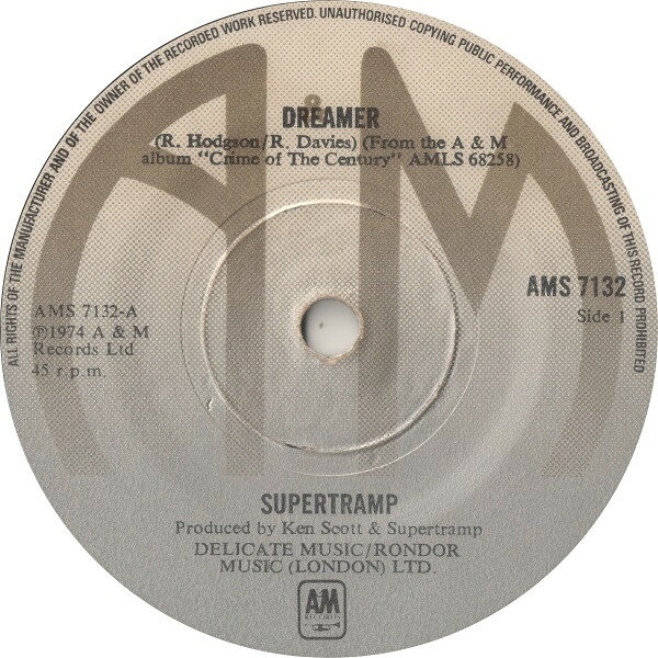 ・アーティスト Supertramp ・タイトル Dreamer ・レーベル・型番 A&M Records AMS7132 ・フォーマット 7インチレコード ・コンディション(盤) 良い (VG+) ・コンディション(ジャケット) プレインカバー（元ジャケット／カバー無し） ・コンディション(帯) オビなし ・特記事項 【カバー折れ/しわ】【カバー破れ】【盤に浅い跡】【Company Sleeve】 サンプル画像です。実際の商品の画像ではありません 商品写真はバーコード/カタログ番号に対応したサンプル画像ですので、お送りする商品の画像ではありません。帯やライナーなどの付属品は、特記事項に記載されている場合のみ含まれます。プロモやカラーレコードなどの仕様についても、該当する場合のみ特記事項に記載しています。 【ご購入前に必ずご確認ください】 ・本店サイト(www.recordcity.jp)とは価格、送料が違います ・本店サイト、その他支店のオーダーとは同梱発送できません ・注文確定後に別の注文を頂いた場合、注文同士の同梱は致しかねます。 ・別倉庫から発送しているため、店頭受け渡しは対応しておりません ・一部商品は他の通販サイトでも販売しているため、ご注文のタイミングによっては商品のご用意ができない場合がございます。 ・土日祝日はお休みです 金曜・祝前日9時以降のご連絡またはご入金は、返答または発送が週明け・祝日明けに順次対応となります。 ・ご購入後のキャンセル不可 ご購入後のキャンセルはいかなる理由においてもお受けできません。ご了承の上、ご購入くださいませ。 ・日本郵便(ゆうパック/ゆうメール)によるお届けになります。 ・中古品であることをご理解ください 当ストアでは中古商品を主に販売しております。中古品であることをご理解の上ご購入ください。また、一部商品はRecordCityオンラインストアで試聴可能です。 ・返品について お客様のご都合による返品は一切承っておりません。 表記の内容と実際の商品に相違がある場合、また針飛び等で返品・返金をご希望される場合は、商品の到着後1週間以内にご連絡ください。商品の返送をこちらで確認後、キャンセル・返金を行います。 コンディションVG以下の商品は返品できません。プレイに影響のない表面のこすれ傷、プレス起因のノイズ盤は返品の対象外です。 【コンディション表記】 ・ほぼ新品(M-)(Like New) 完全な新品。未使用。当店ではほぼ使用しません ・非常に良い(EX)(Excellent) 中古盤として美品な状態。わずかな経年を感じるものの傷みを感じさせない、当店基準で最高の状態 ・良い(VG+)(Very Good Plus) 丁寧に扱われた中古品で、軽い使用感がみられる。 ・可(VG)(Acceptable) 使い込まれた中古品で、「良い」よりもさらに使用感がみられる。 ・悪い(VG-)(Bad) 状態が悪いアイテム。使用の保障はなく、再生不可、針飛び、目立つノイズがあるかもしれない。状態によるクレーム不可。返品不可。 ・非常に悪い(G)(Very Bad) 「悪い」よりさらに状態が悪いアイテム。使用の保障はなく、再生不可、針飛び、目立つノイズがあるかもしれない。状態によるクレーム不可。返品不可。 ・ジャンク(Fair)(Junk/Fair) 割れている、反っている、水ダメージがある、カビ、ジャケットが分離している、ひどい書き込み、ひどい擦れなど最低の状態。使用の保障はなく、再生不可、針飛び、目立つノイズがあるかもしれない。状態によるクレーム不可。返品不可。 ・ジャンク(Poor)(Junk/Poor) 割れている、反っている、水ダメージがある、カビ、ジャケットが分離している、ひどい書き込み、ひどい擦れなど最低の状態。使用の保障はなく、再生不可、針飛び、目立つノイズがあるかもしれない。状態によるクレーム不可。返品不可。