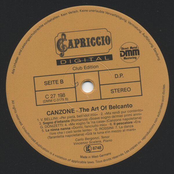 【中古】LP Carlo Bergonzi Canzone - The Art Of Belcanto C27198 Capriccio /00400