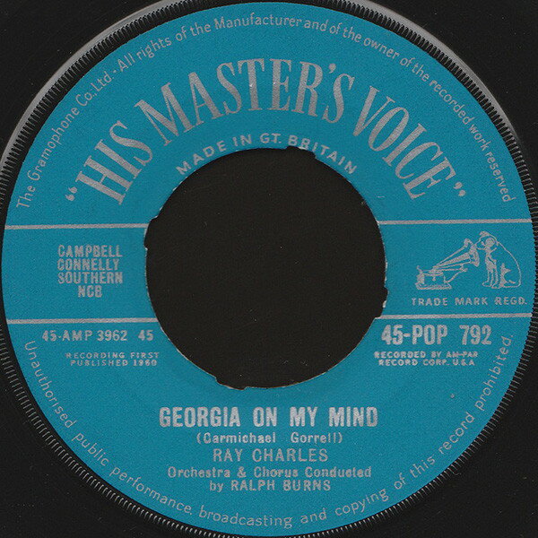 7” Ray Charles Georgia On My Mind / Carry Me Back To Old Virginny 45POP792 His Masters Voice /00080