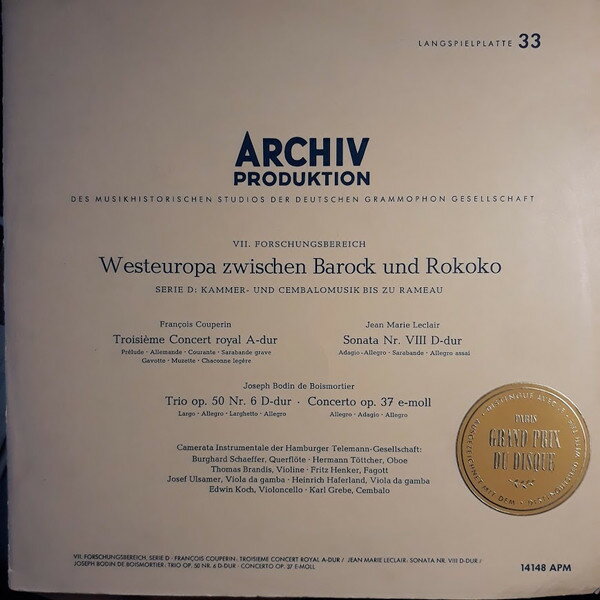 【中古】独LP Francois Couperin / Jean-Marie Troisieme Concert Royal A-dur / Sonate Nr VIII D-du 14148APM Archiv Produktion /00400