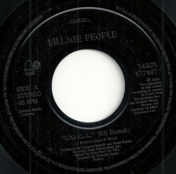 7” Village People Y.M.C.A. (New 1993 Remix) 74321177187 Arista プロモ /00080