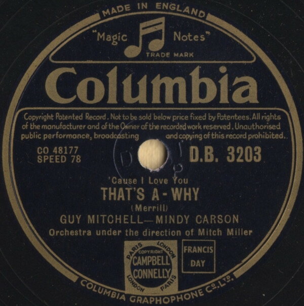 【中古】英78RPM/SP Guy Mitchell, Mindy Carson Cause I Love You Thats A - Why / Train Of Love DB3203 COLUMBIA /00500