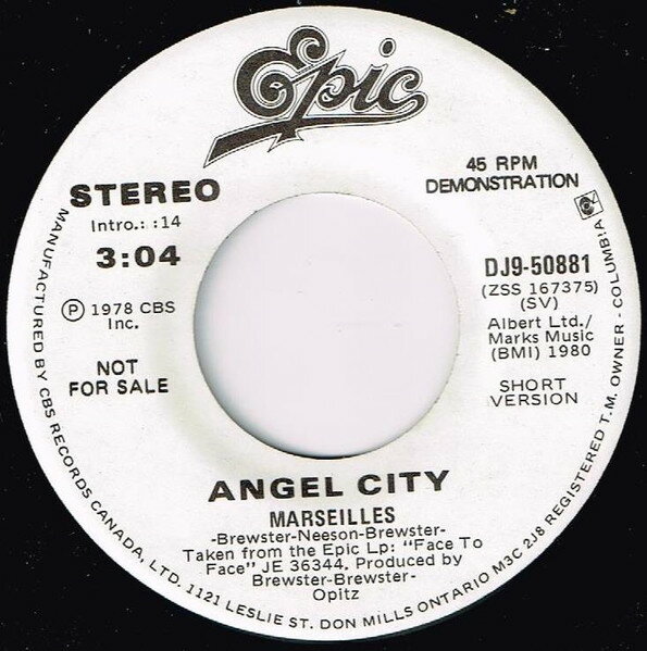加7” Angel City (2) Marseilles DJ950881 Epic プロモ /00080