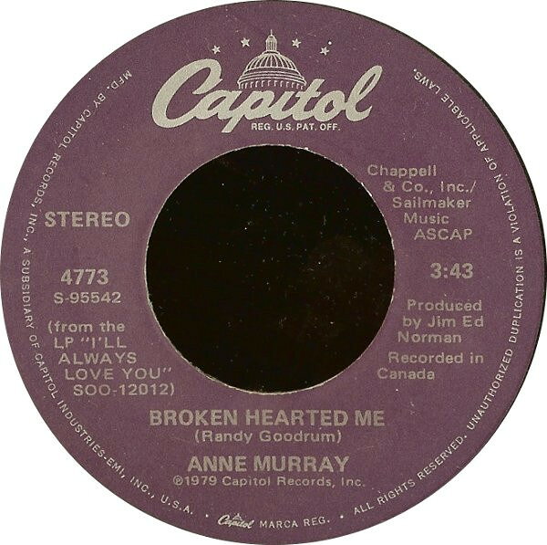 【中古】米7” Anne Murray Broken Hearted Me 4773 Capitol Records /00080