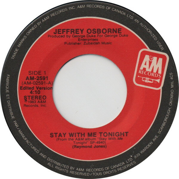 ・アーティスト Jeffrey Osborne ・タイトル Stay With Me Tonight ・レーベル・型番 A&M AM2591 ・フォーマット 7インチレコード ・コンディション(盤) 良い (VG+) ・コンディション(ジャケット) プレインカバー（元ジャケット／カバー無し） ・コンディション(帯) オビなし ・特記事項 【カンパニースリーブ】 サンプル画像です。実際の商品の画像ではありません 商品写真はバーコード/カタログ番号に対応したサンプル画像ですので、お送りする商品の画像ではありません。帯やライナーなどの付属品は、特記事項に記載されている場合のみ含まれます。プロモやカラーレコードなどの仕様についても、該当する場合のみ特記事項に記載しています。 【ご購入前に必ずご確認ください】 ・本店サイト(www.recordcity.jp)とは価格、送料が違います ・本店サイト、その他支店のオーダーとは同梱発送できません ・注文確定後に別の注文を頂いた場合、注文同士の同梱は致しかねます。 ・別倉庫から発送しているため、店頭受け渡しは対応しておりません ・一部商品は他の通販サイトでも販売しているため、ご注文のタイミングによっては商品のご用意ができない場合がございます。 ・土日祝日はお休みです 金曜・祝前日9時以降のご連絡またはご入金は、返答または発送が週明け・祝日明けに順次対応となります。 ・ご購入後のキャンセル不可 ご購入後のキャンセルはいかなる理由においてもお受けできません。ご了承の上、ご購入くださいませ。 ・日本郵便(ゆうパック/ゆうメール)によるお届けになります。 ・中古品であることをご理解ください 当ストアでは中古商品を主に販売しております。中古品であることをご理解の上ご購入ください。また、一部商品はRecordCityオンラインストアで試聴可能です。 ・返品について お客様のご都合による返品は一切承っておりません。 表記の内容と実際の商品に相違がある場合、また針飛び等で返品・返金をご希望される場合は、商品の到着後1週間以内にご連絡ください。商品の返送をこちらで確認後、キャンセル・返金を行います。 コンディションVG以下の商品は返品できません。プレイに影響のない表面のこすれ傷、プレス起因のノイズ盤は返品の対象外です。 【コンディション表記】 ・ほぼ新品(M-)(Like New) 完全な新品。未使用。当店ではほぼ使用しません ・非常に良い(EX)(Excellent) 中古盤として美品な状態。わずかな経年を感じるものの傷みを感じさせない、当店基準で最高の状態 ・良い(VG+)(Very Good Plus) 丁寧に扱われた中古品で、軽い使用感がみられる。 ・可(VG)(Acceptable) 使い込まれた中古品で、「良い」よりもさらに使用感がみられる。 ・悪い(VG-)(Bad) 状態が悪いアイテム。使用の保障はなく、再生不可、針飛び、目立つノイズがあるかもしれない。状態によるクレーム不可。返品不可。 ・非常に悪い(G)(Very Bad) 「悪い」よりさらに状態が悪いアイテム。使用の保障はなく、再生不可、針飛び、目立つノイズがあるかもしれない。状態によるクレーム不可。返品不可。 ・ジャンク(Fair)(Junk/Fair) 割れている、反っている、水ダメージがある、カビ、ジャケットが分離している、ひどい書き込み、ひどい擦れなど最低の状態。使用の保障はなく、再生不可、針飛び、目立つノイズがあるかもしれない。状態によるクレーム不可。返品不可。 ・ジャンク(Poor)(Junk/Poor) 割れている、反っている、水ダメージがある、カビ、ジャケットが分離している、ひどい書き込み、ひどい擦れなど最低の状態。使用の保障はなく、再生不可、針飛び、目立つノイズがあるかもしれない。状態によるクレーム不可。返品不可。