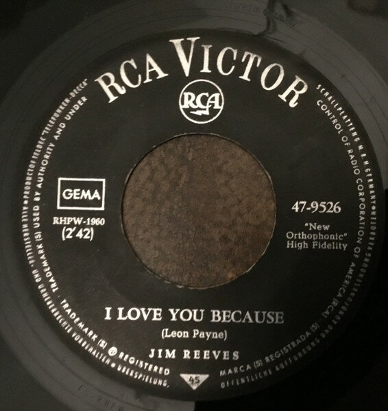 【中古】独7” Jim Reeves I Love You Because 479526 RCA Victor /00080