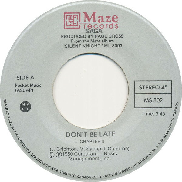 ・アーティスト Saga ・タイトル Don't Be Late / Time To Go ・レーベル・型番 Maze Records (2) MS802 ・フォーマット 7インチレコード ・コンディション(盤) 良い (VG+) ・コンディション(ジャケット) プレインカバー（元ジャケット／カバー無し） ・コンディション(帯) オビなし ・特記事項 サンプル画像です。実際の商品の画像ではありません 商品写真はバーコード/カタログ番号に対応したサンプル画像ですので、お送りする商品の画像ではありません。帯やライナーなどの付属品は、特記事項に記載されている場合のみ含まれます。プロモやカラーレコードなどの仕様についても、該当する場合のみ特記事項に記載しています。 【ご購入前に必ずご確認ください】 ・本店サイト(www.recordcity.jp)とは価格、送料が違います ・本店サイト、その他支店のオーダーとは同梱発送できません ・注文確定後に別の注文を頂いた場合、注文同士の同梱は致しかねます。 ・別倉庫から発送しているため、店頭受け渡しは対応しておりません ・一部商品は他の通販サイトでも販売しているため、ご注文のタイミングによっては商品のご用意ができない場合がございます。 ・土日祝日はお休みです 金曜・祝前日9時以降のご連絡またはご入金は、返答または発送が週明け・祝日明けに順次対応となります。 ・ご購入後のキャンセル不可 ご購入後のキャンセルはいかなる理由においてもお受けできません。ご了承の上、ご購入くださいませ。 ・日本郵便(ゆうパック/ゆうメール)によるお届けになります。 ・中古品であることをご理解ください 当ストアでは中古商品を主に販売しております。中古品であることをご理解の上ご購入ください。また、一部商品はRecordCityオンラインストアで試聴可能です。 ・返品について お客様のご都合による返品は一切承っておりません。 表記の内容と実際の商品に相違がある場合、また針飛び等で返品・返金をご希望される場合は、商品の到着後1週間以内にご連絡ください。商品の返送をこちらで確認後、キャンセル・返金を行います。 コンディションVG以下の商品は返品できません。プレイに影響のない表面のこすれ傷、プレス起因のノイズ盤は返品の対象外です。 【コンディション表記】 ・ほぼ新品(M-)(Like New) 完全な新品。未使用。当店ではほぼ使用しません ・非常に良い(EX)(Excellent) 中古盤として美品な状態。わずかな経年を感じるものの傷みを感じさせない、当店基準で最高の状態 ・良い(VG+)(Very Good Plus) 丁寧に扱われた中古品で、軽い使用感がみられる。 ・可(VG)(Acceptable) 使い込まれた中古品で、「良い」よりもさらに使用感がみられる。 ・悪い(VG-)(Bad) 状態が悪いアイテム。使用の保障はなく、再生不可、針飛び、目立つノイズがあるかもしれない。状態によるクレーム不可。返品不可。 ・非常に悪い(G)(Very Bad) 「悪い」よりさらに状態が悪いアイテム。使用の保障はなく、再生不可、針飛び、目立つノイズがあるかもしれない。状態によるクレーム不可。返品不可。 ・ジャンク(Fair)(Junk/Fair) 割れている、反っている、水ダメージがある、カビ、ジャケットが分離している、ひどい書き込み、ひどい擦れなど最低の状態。使用の保障はなく、再生不可、針飛び、目立つノイズがあるかもしれない。状態によるクレーム不可。返品不可。 ・ジャンク(Poor)(Junk/Poor) 割れている、反っている、水ダメージがある、カビ、ジャケットが分離している、ひどい書き込み、ひどい擦れなど最低の状態。使用の保障はなく、再生不可、針飛び、目立つノイズがあるかもしれない。状態によるクレーム不可。返品不可。