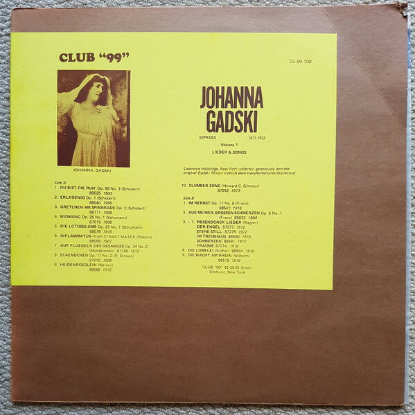 【中古】LP Johanna Gadski Lieder & Songs CL99108 Club ”99” /00260