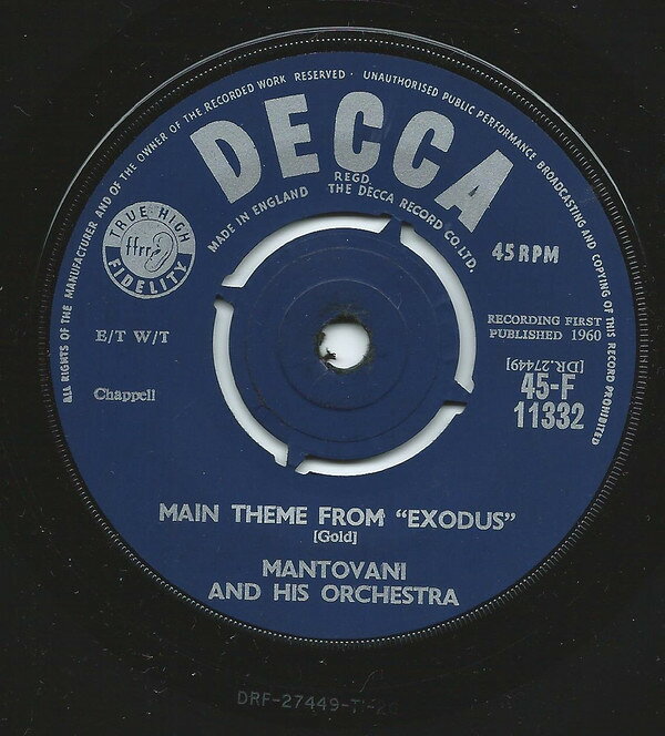 【中古】英7” Mantovani &amp; His Orchestra Main Theme From ”Exodus” 45F11332 Decca /00080