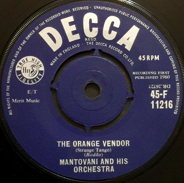 【中古】英7” Mantovani &amp; His Orchestra The Orange Vendor / In The Spring 45F11216 Decca /00080