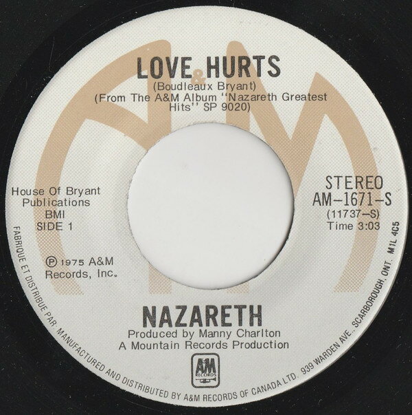 ・アーティスト Nazareth ・タイトル Love Hurts ・レーベル・型番 A&M AM1671S ・フォーマット 7インチレコード ・コンディション(盤) 良い (VG+) ・コンディション(ジャケット) プレインカバー（元ジャケット／カバー無し） ・コンディション(帯) オビなし ・特記事項 サンプル画像です。実際の商品の画像ではありません 商品写真はバーコード/カタログ番号に対応したサンプル画像ですので、お送りする商品の画像ではありません。帯やライナーなどの付属品は、特記事項に記載されている場合のみ含まれます。プロモやカラーレコードなどの仕様についても、該当する場合のみ特記事項に記載しています。 【ご購入前に必ずご確認ください】 ・本店サイト(www.recordcity.jp)とは価格、送料が違います ・本店サイト、その他支店のオーダーとは同梱発送できません ・注文確定後に別の注文を頂いた場合、注文同士の同梱は致しかねます。 ・別倉庫から発送しているため、店頭受け渡しは対応しておりません ・一部商品は他の通販サイトでも販売しているため、ご注文のタイミングによっては商品のご用意ができない場合がございます。 ・土日祝日はお休みです 金曜・祝前日9時以降のご連絡またはご入金は、返答または発送が週明け・祝日明けに順次対応となります。 ・ご購入後のキャンセル不可 ご購入後のキャンセルはいかなる理由においてもお受けできません。ご了承の上、ご購入くださいませ。 ・日本郵便(ゆうパック/ゆうメール)によるお届けになります。 ・中古品であることをご理解ください 当ストアでは中古商品を主に販売しております。中古品であることをご理解の上ご購入ください。また、一部商品はRecordCityオンラインストアで試聴可能です。 ・返品について お客様のご都合による返品は一切承っておりません。 表記の内容と実際の商品に相違がある場合、また針飛び等で返品・返金をご希望される場合は、商品の到着後1週間以内にご連絡ください。商品の返送をこちらで確認後、キャンセル・返金を行います。 コンディションVG以下の商品は返品できません。プレイに影響のない表面のこすれ傷、プレス起因のノイズ盤は返品の対象外です。 【コンディション表記】 ・ほぼ新品(M-)(Like New) 完全な新品。未使用。当店ではほぼ使用しません ・非常に良い(EX)(Excellent) 中古盤として美品な状態。わずかな経年を感じるものの傷みを感じさせない、当店基準で最高の状態 ・良い(VG+)(Very Good Plus) 丁寧に扱われた中古品で、軽い使用感がみられる。 ・可(VG)(Acceptable) 使い込まれた中古品で、「良い」よりもさらに使用感がみられる。 ・悪い(VG-)(Bad) 状態が悪いアイテム。使用の保障はなく、再生不可、針飛び、目立つノイズがあるかもしれない。状態によるクレーム不可。返品不可。 ・非常に悪い(G)(Very Bad) 「悪い」よりさらに状態が悪いアイテム。使用の保障はなく、再生不可、針飛び、目立つノイズがあるかもしれない。状態によるクレーム不可。返品不可。 ・ジャンク(Fair)(Junk/Fair) 割れている、反っている、水ダメージがある、カビ、ジャケットが分離している、ひどい書き込み、ひどい擦れなど最低の状態。使用の保障はなく、再生不可、針飛び、目立つノイズがあるかもしれない。状態によるクレーム不可。返品不可。 ・ジャンク(Poor)(Junk/Poor) 割れている、反っている、水ダメージがある、カビ、ジャケットが分離している、ひどい書き込み、ひどい擦れなど最低の状態。使用の保障はなく、再生不可、針飛び、目立つノイズがあるかもしれない。状態によるクレーム不可。返品不可。