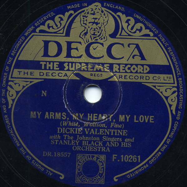 ・アーティスト Dickie Valentine, Stanley Black & His Orchestra ・タイトル My Arms, My Heart, My Love / I Know Youre Mine ・レーベル・型番 DECCA F10261 ・フォーマット 78回転SP盤レコード ・コンディション(盤) 良い (VG+) ・コンディション(ジャケット) 良い (VG+) ・コンディション(帯) オビなし ・特記事項 【※再生コンディションによる返品不可】 サンプル画像です。実際の商品の画像ではありません 商品写真はバーコード/カタログ番号に対応したサンプル画像ですので、お送りする商品の画像ではありません。帯やライナーなどの付属品は、特記事項に記載されている場合のみ含まれます。プロモやカラーレコードなどの仕様についても、該当する場合のみ特記事項に記載しています。 【ご購入前に必ずご確認ください】 ・本店サイト(www.recordcity.jp)とは価格、送料が違います ・本店サイト、その他支店のオーダーとは同梱発送できません ・注文確定後に別の注文を頂いた場合、注文同士の同梱は致しかねます。 ・別倉庫から発送しているため、店頭受け渡しは対応しておりません ・一部商品は他の通販サイトでも販売しているため、ご注文のタイミングによっては商品のご用意ができない場合がございます。 ・土日祝日はお休みです 金曜・祝前日9時以降のご連絡またはご入金は、返答または発送が週明け・祝日明けに順次対応となります。 ・ご購入後のキャンセル不可 ご購入後のキャンセルはいかなる理由においてもお受けできません。ご了承の上、ご購入くださいませ。 ・日本郵便(ゆうパック/ゆうメール)によるお届けになります。 ・中古品であることをご理解ください 当ストアでは中古商品を主に販売しております。中古品であることをご理解の上ご購入ください。また、一部商品はRecordCityオンラインストアで試聴可能です。 ・返品について お客様のご都合による返品は一切承っておりません。 表記の内容と実際の商品に相違がある場合、また針飛び等で返品・返金をご希望される場合は、商品の到着後1週間以内にご連絡ください。商品の返送をこちらで確認後、キャンセル・返金を行います。 コンディションVG以下の商品は返品できません。プレイに影響のない表面のこすれ傷、プレス起因のノイズ盤は返品の対象外です。 【コンディション表記】 ・ほぼ新品(M-)(Like New) 完全な新品。未使用。当店ではほぼ使用しません ・非常に良い(EX)(Excellent) 中古盤として美品な状態。わずかな経年を感じるものの傷みを感じさせない、当店基準で最高の状態 ・良い(VG+)(Very Good Plus) 丁寧に扱われた中古品で、軽い使用感がみられる。 ・可(VG)(Acceptable) 使い込まれた中古品で、「良い」よりもさらに使用感がみられる。 ・悪い(VG-)(Bad) 状態が悪いアイテム。使用の保障はなく、再生不可、針飛び、目立つノイズがあるかもしれない。状態によるクレーム不可。返品不可。 ・非常に悪い(G)(Very Bad) 「悪い」よりさらに状態が悪いアイテム。使用の保障はなく、再生不可、針飛び、目立つノイズがあるかもしれない。状態によるクレーム不可。返品不可。 ・ジャンク(Fair)(Junk/Fair) 割れている、反っている、水ダメージがある、カビ、ジャケットが分離している、ひどい書き込み、ひどい擦れなど最低の状態。使用の保障はなく、再生不可、針飛び、目立つノイズがあるかもしれない。状態によるクレーム不可。返品不可。 ・ジャンク(Poor)(Junk/Poor) 割れている、反っている、水ダメージがある、カビ、ジャケットが分離している、ひどい書き込み、ひどい擦れなど最低の状態。使用の保障はなく、再生不可、針飛び、目立つノイズがあるかもしれない。状態によるクレーム不可。返品不可。
