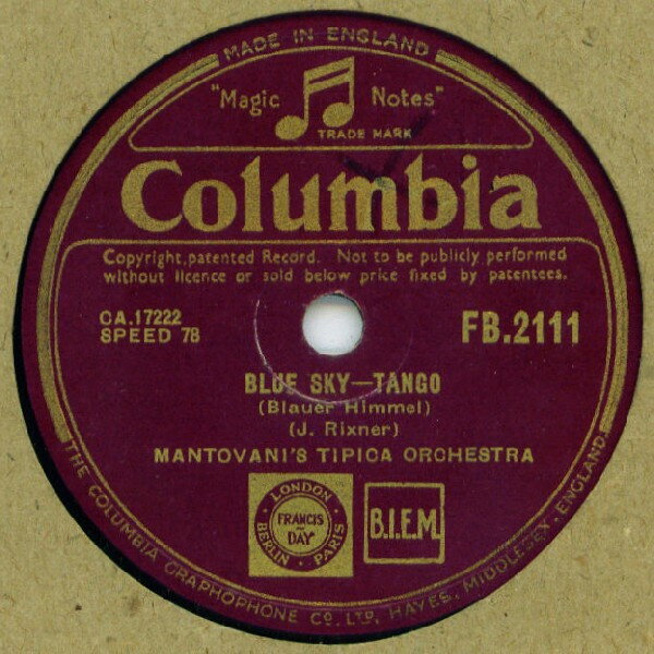 【中古】英78RPM/SP Mantovanis Tipica Orchestra Blue Sky / Hear, My Song, Violetta FB2111 COLUMBIA /00500