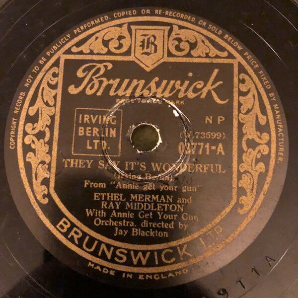 【中古】英78RPM/SP Ethel Merman, Ray Middleton, J They Say Its Wonderful / Anything You Can Do 03771 BRUNSWICK /00500