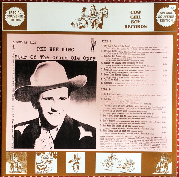 ・アーティスト Pee Wee King ・タイトル Star Of The Grand Ole Opry ・レーベル・型番 Cowgirlboy Records LP5123 ・フォーマット LPレコード ・コンディション(盤) 非常に良い(EX) ・コンディション(ジャケット) 非常に良い(EX) ・コンディション(帯) オビなし ・特記事項 サンプル画像です。実際の商品の画像ではありません 商品写真はバーコード/カタログ番号に対応したサンプル画像ですので、お送りする商品の画像ではありません。帯やライナーなどの付属品は、特記事項に記載されている場合のみ含まれます。プロモやカラーレコードなどの仕様についても、該当する場合のみ特記事項に記載しています。 【ご購入前に必ずご確認ください】 ・本店サイト(www.recordcity.jp)とは価格、送料が違います ・本店サイト、その他支店のオーダーとは同梱発送できません ・注文確定後に別の注文を頂いた場合、注文同士の同梱は致しかねます。 ・別倉庫から発送しているため、店頭受け渡しは対応しておりません ・一部商品は他の通販サイトでも販売しているため、ご注文のタイミングによっては商品のご用意ができない場合がございます。 ・土日祝日はお休みです 金曜・祝前日9時以降のご連絡またはご入金は、返答または発送が週明け・祝日明けに順次対応となります。 ・ご購入後のキャンセル不可 ご購入後のキャンセルはいかなる理由においてもお受けできません。ご了承の上、ご購入くださいませ。 ・日本郵便(ゆうパック/ゆうメール)によるお届けになります。 ・中古品であることをご理解ください 当ストアでは中古商品を主に販売しております。中古品であることをご理解の上ご購入ください。また、一部商品はRecordCityオンラインストアで試聴可能です。 ・返品について お客様のご都合による返品は一切承っておりません。 表記の内容と実際の商品に相違がある場合、また針飛び等で返品・返金をご希望される場合は、商品の到着後1週間以内にご連絡ください。商品の返送をこちらで確認後、キャンセル・返金を行います。 コンディションVG以下の商品は返品できません。プレイに影響のない表面のこすれ傷、プレス起因のノイズ盤は返品の対象外です。 【コンディション表記】 ・ほぼ新品(M-)(Like New) 完全な新品。未使用。当店ではほぼ使用しません ・非常に良い(EX)(Excellent) 中古盤として美品な状態。わずかな経年を感じるものの傷みを感じさせない、当店基準で最高の状態 ・良い(VG+)(Very Good Plus) 丁寧に扱われた中古品で、軽い使用感がみられる。 ・可(VG)(Acceptable) 使い込まれた中古品で、「良い」よりもさらに使用感がみられる。 ・悪い(VG-)(Bad) 状態が悪いアイテム。使用の保障はなく、再生不可、針飛び、目立つノイズがあるかもしれない。状態によるクレーム不可。返品不可。 ・非常に悪い(G)(Very Bad) 「悪い」よりさらに状態が悪いアイテム。使用の保障はなく、再生不可、針飛び、目立つノイズがあるかもしれない。状態によるクレーム不可。返品不可。 ・ジャンク(Fair)(Junk/Fair) 割れている、反っている、水ダメージがある、カビ、ジャケットが分離している、ひどい書き込み、ひどい擦れなど最低の状態。使用の保障はなく、再生不可、針飛び、目立つノイズがあるかもしれない。状態によるクレーム不可。返品不可。 ・ジャンク(Poor)(Junk/Poor) 割れている、反っている、水ダメージがある、カビ、ジャケットが分離している、ひどい書き込み、ひどい擦れなど最低の状態。使用の保障はなく、再生不可、針飛び、目立つノイズがあるかもしれない。状態によるクレーム不可。返品不可。