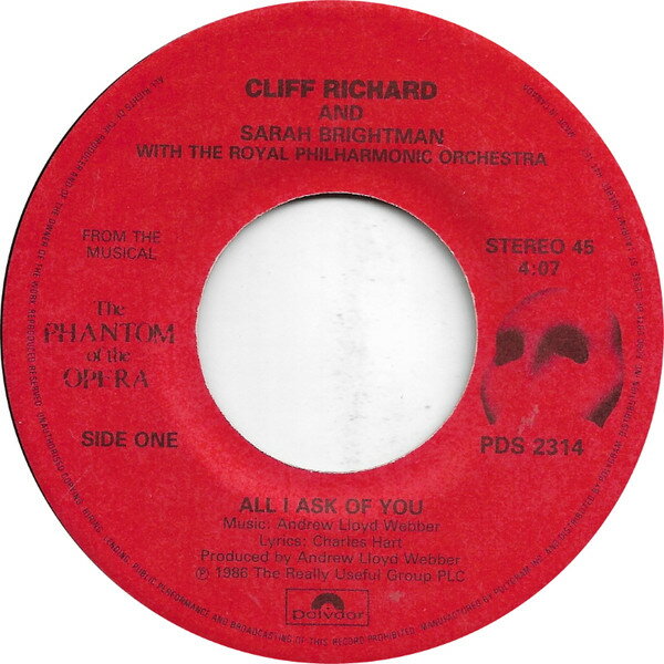 【中古】加7” Cliff Richard, Sarah Brightman All I Ask Of You PDS2314 POLYDOR /00080