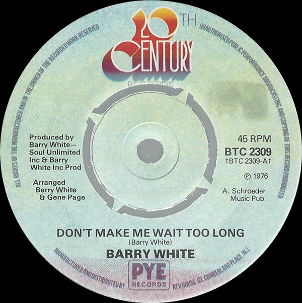 ・アーティスト Barry White ・タイトル Don't Make Me Wait Too Long ・レーベル・型番 20th Century Records BTC2309 ・フォーマット 7インチレコード ・コンディション(盤) 良い (VG+) ・コンディション(ジャケット) プレインカバー（元ジャケット／カバー無し） ・コンディション(帯) オビなし ・特記事項 サンプル画像です。実際の商品の画像ではありません 商品写真はバーコード/カタログ番号に対応したサンプル画像ですので、お送りする商品の画像ではありません。帯やライナーなどの付属品は、特記事項に記載されている場合のみ含まれます。プロモやカラーレコードなどの仕様についても、該当する場合のみ特記事項に記載しています。 【ご購入前に必ずご確認ください】 ・本店サイト(www.recordcity.jp)とは価格、送料が違います ・本店サイト、その他支店のオーダーとは同梱発送できません ・注文確定後に別の注文を頂いた場合、注文同士の同梱は致しかねます。 ・別倉庫から発送しているため、店頭受け渡しは対応しておりません ・一部商品は他の通販サイトでも販売しているため、ご注文のタイミングによっては商品のご用意ができない場合がございます。 ・土日祝日はお休みです 金曜・祝前日9時以降のご連絡またはご入金は、返答または発送が週明け・祝日明けに順次対応となります。 ・ご購入後のキャンセル不可 ご購入後のキャンセルはいかなる理由においてもお受けできません。ご了承の上、ご購入くださいませ。 ・日本郵便(ゆうパック/ゆうメール)によるお届けになります。 ・中古品であることをご理解ください 当ストアでは中古商品を主に販売しております。中古品であることをご理解の上ご購入ください。また、一部商品はRecordCityオンラインストアで試聴可能です。 ・返品について お客様のご都合による返品は一切承っておりません。 表記の内容と実際の商品に相違がある場合、また針飛び等で返品・返金をご希望される場合は、商品の到着後1週間以内にご連絡ください。商品の返送をこちらで確認後、キャンセル・返金を行います。 コンディションVG以下の商品は返品できません。プレイに影響のない表面のこすれ傷、プレス起因のノイズ盤は返品の対象外です。 【コンディション表記】 ・ほぼ新品(M-)(Like New) 完全な新品。未使用。当店ではほぼ使用しません ・非常に良い(EX)(Excellent) 中古盤として美品な状態。わずかな経年を感じるものの傷みを感じさせない、当店基準で最高の状態 ・良い(VG+)(Very Good Plus) 丁寧に扱われた中古品で、軽い使用感がみられる。 ・可(VG)(Acceptable) 使い込まれた中古品で、「良い」よりもさらに使用感がみられる。 ・悪い(VG-)(Bad) 状態が悪いアイテム。使用の保障はなく、再生不可、針飛び、目立つノイズがあるかもしれない。状態によるクレーム不可。返品不可。 ・非常に悪い(G)(Very Bad) 「悪い」よりさらに状態が悪いアイテム。使用の保障はなく、再生不可、針飛び、目立つノイズがあるかもしれない。状態によるクレーム不可。返品不可。 ・ジャンク(Fair)(Junk/Fair) 割れている、反っている、水ダメージがある、カビ、ジャケットが分離している、ひどい書き込み、ひどい擦れなど最低の状態。使用の保障はなく、再生不可、針飛び、目立つノイズがあるかもしれない。状態によるクレーム不可。返品不可。 ・ジャンク(Poor)(Junk/Poor) 割れている、反っている、水ダメージがある、カビ、ジャケットが分離している、ひどい書き込み、ひどい擦れなど最低の状態。使用の保障はなく、再生不可、針飛び、目立つノイズがあるかもしれない。状態によるクレーム不可。返品不可。