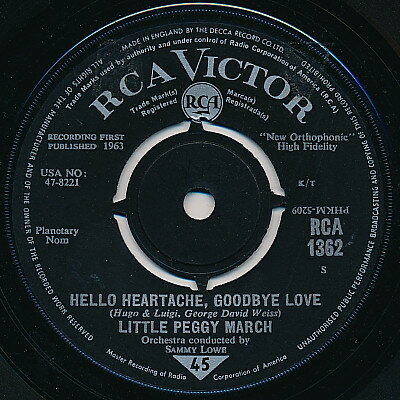 ・アーティスト Peggy March ・タイトル Hello Heartache, Goodbye Love / Boy Crazy ・レーベル・型番 RCA Victor RCA1362 ・フォーマット 7インチレコード ・コンディション(盤) 良い (VG+) ・コンディション(ジャケット) プレインカバー（元ジャケット／カバー無し） ・コンディション(帯) オビなし ・特記事項 【Company Sleeve】 サンプル画像です。実際の商品の画像ではありません 商品写真はバーコード/カタログ番号に対応したサンプル画像ですので、お送りする商品の画像ではありません。帯やライナーなどの付属品は、特記事項に記載されている場合のみ含まれます。プロモやカラーレコードなどの仕様についても、該当する場合のみ特記事項に記載しています。 【ご購入前に必ずご確認ください】 ・本店サイト(www.recordcity.jp)とは価格、送料が違います ・本店サイト、その他支店のオーダーとは同梱発送できません ・注文確定後に別の注文を頂いた場合、注文同士の同梱は致しかねます。 ・別倉庫から発送しているため、店頭受け渡しは対応しておりません ・一部商品は他の通販サイトでも販売しているため、ご注文のタイミングによっては商品のご用意ができない場合がございます。 ・土日祝日はお休みです 金曜・祝前日9時以降のご連絡またはご入金は、返答または発送が週明け・祝日明けに順次対応となります。 ・ご購入後のキャンセル不可 ご購入後のキャンセルはいかなる理由においてもお受けできません。ご了承の上、ご購入くださいませ。 ・日本郵便(ゆうパック/ゆうメール)によるお届けになります。 ・中古品であることをご理解ください 当ストアでは中古商品を主に販売しております。中古品であることをご理解の上ご購入ください。また、一部商品はRecordCityオンラインストアで試聴可能です。 ・返品について お客様のご都合による返品は一切承っておりません。 表記の内容と実際の商品に相違がある場合、また針飛び等で返品・返金をご希望される場合は、商品の到着後1週間以内にご連絡ください。商品の返送をこちらで確認後、キャンセル・返金を行います。 コンディションVG以下の商品は返品できません。プレイに影響のない表面のこすれ傷、プレス起因のノイズ盤は返品の対象外です。 【コンディション表記】 ・ほぼ新品(M-)(Like New) 完全な新品。未使用。当店ではほぼ使用しません ・非常に良い(EX)(Excellent) 中古盤として美品な状態。わずかな経年を感じるものの傷みを感じさせない、当店基準で最高の状態 ・良い(VG+)(Very Good Plus) 丁寧に扱われた中古品で、軽い使用感がみられる。 ・可(VG)(Acceptable) 使い込まれた中古品で、「良い」よりもさらに使用感がみられる。 ・悪い(VG-)(Bad) 状態が悪いアイテム。使用の保障はなく、再生不可、針飛び、目立つノイズがあるかもしれない。状態によるクレーム不可。返品不可。 ・非常に悪い(G)(Very Bad) 「悪い」よりさらに状態が悪いアイテム。使用の保障はなく、再生不可、針飛び、目立つノイズがあるかもしれない。状態によるクレーム不可。返品不可。 ・ジャンク(Fair)(Junk/Fair) 割れている、反っている、水ダメージがある、カビ、ジャケットが分離している、ひどい書き込み、ひどい擦れなど最低の状態。使用の保障はなく、再生不可、針飛び、目立つノイズがあるかもしれない。状態によるクレーム不可。返品不可。 ・ジャンク(Poor)(Junk/Poor) 割れている、反っている、水ダメージがある、カビ、ジャケットが分離している、ひどい書き込み、ひどい擦れなど最低の状態。使用の保障はなく、再生不可、針飛び、目立つノイズがあるかもしれない。状態によるクレーム不可。返品不可。