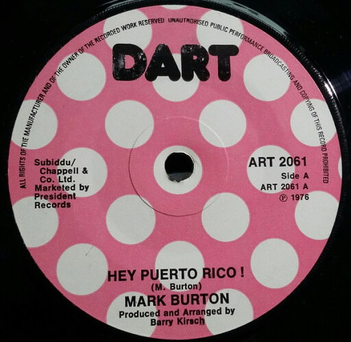 【中古】英7” Mark Burton Hey Puerto Rico ! ART2061 Dart /00080 【中古】英7” Mark Burton Hey Puerto Rico ! ART2061 Dart /00080