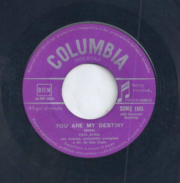 【中古】7” Paul Anka You Are My Destiny SCMQ1103 Columbia /00080
