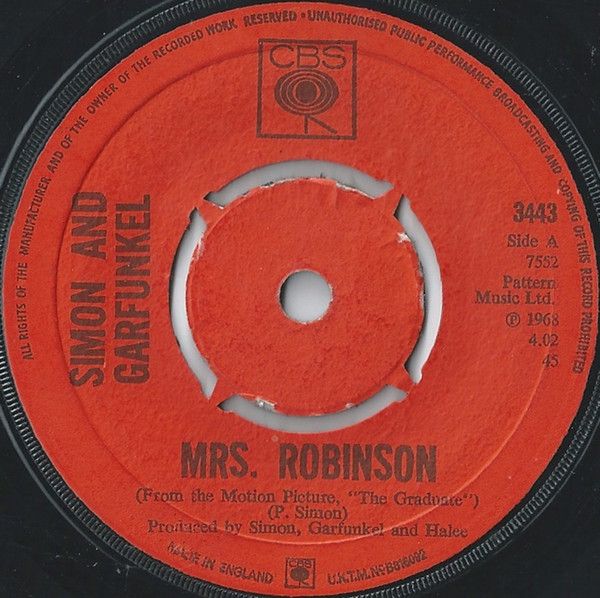 ・アーティスト Simon & Garfunkel ・タイトル Mrs. Robinson ・レーベル・型番 CBS 3443 ・フォーマット 7インチレコード ・コンディション(盤) 非常に良い(EX) ・コンディション(ジャケット) プレインカバー（元ジャケット／カバー無し） ・コンディション(帯) オビなし ・特記事項 【カバーにシール付着】【盤に染み】 サンプル画像です。実際の商品の画像ではありません 商品写真はバーコード/カタログ番号に対応したサンプル画像ですので、お送りする商品の画像ではありません。帯やライナーなどの付属品は、特記事項に記載されている場合のみ含まれます。プロモやカラーレコードなどの仕様についても、該当する場合のみ特記事項に記載しています。 【ご購入前に必ずご確認ください】 ・本店サイト(www.recordcity.jp)とは価格、送料が違います ・本店サイト、その他支店のオーダーとは同梱発送できません ・注文確定後に別の注文を頂いた場合、注文同士の同梱は致しかねます。 ・別倉庫から発送しているため、店頭受け渡しは対応しておりません ・一部商品は他の通販サイトでも販売しているため、ご注文のタイミングによっては商品のご用意ができない場合がございます。 ・土日祝日はお休みです 金曜・祝前日9時以降のご連絡またはご入金は、返答または発送が週明け・祝日明けに順次対応となります。 ・ご購入後のキャンセル不可 ご購入後のキャンセルはいかなる理由においてもお受けできません。ご了承の上、ご購入くださいませ。 ・日本郵便(ゆうパック/ゆうメール)によるお届けになります。 ・中古品であることをご理解ください 当ストアでは中古商品を主に販売しております。中古品であることをご理解の上ご購入ください。また、一部商品はRecordCityオンラインストアで試聴可能です。 ・返品について お客様のご都合による返品は一切承っておりません。 表記の内容と実際の商品に相違がある場合、また針飛び等で返品・返金をご希望される場合は、商品の到着後1週間以内にご連絡ください。商品の返送をこちらで確認後、キャンセル・返金を行います。 コンディションVG以下の商品は返品できません。プレイに影響のない表面のこすれ傷、プレス起因のノイズ盤は返品の対象外です。 【コンディション表記】 ・ほぼ新品(M-)(Like New) 完全な新品。未使用。当店ではほぼ使用しません ・非常に良い(EX)(Excellent) 中古盤として美品な状態。わずかな経年を感じるものの傷みを感じさせない、当店基準で最高の状態 ・良い(VG+)(Very Good Plus) 丁寧に扱われた中古品で、軽い使用感がみられる。 ・可(VG)(Acceptable) 使い込まれた中古品で、「良い」よりもさらに使用感がみられる。 ・悪い(VG-)(Bad) 状態が悪いアイテム。使用の保障はなく、再生不可、針飛び、目立つノイズがあるかもしれない。状態によるクレーム不可。返品不可。 ・非常に悪い(G)(Very Bad) 「悪い」よりさらに状態が悪いアイテム。使用の保障はなく、再生不可、針飛び、目立つノイズがあるかもしれない。状態によるクレーム不可。返品不可。 ・ジャンク(Fair)(Junk/Fair) 割れている、反っている、水ダメージがある、カビ、ジャケットが分離している、ひどい書き込み、ひどい擦れなど最低の状態。使用の保障はなく、再生不可、針飛び、目立つノイズがあるかもしれない。状態によるクレーム不可。返品不可。 ・ジャンク(Poor)(Junk/Poor) 割れている、反っている、水ダメージがある、カビ、ジャケットが分離している、ひどい書き込み、ひどい擦れなど最低の状態。使用の保障はなく、再生不可、針飛び、目立つノイズがあるかもしれない。状態によるクレーム不可。返品不可。