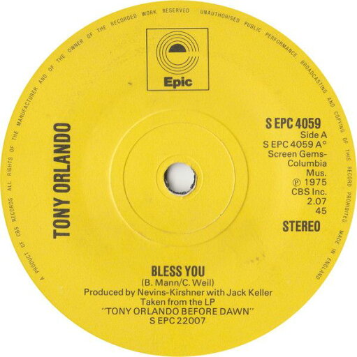【中古】英7” Tony Orlando Bless You SEPC4059 Epic /00080 【中古】英7” Tony Orlando Bless You SEPC4059 Epic /00080