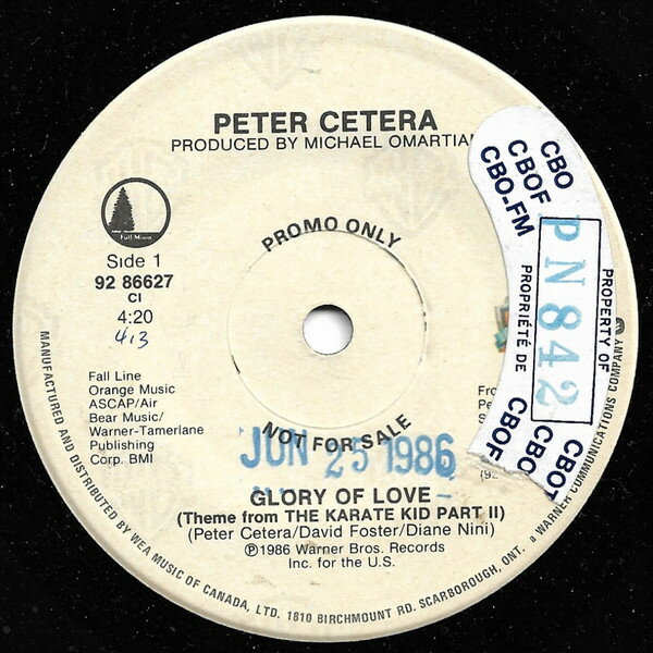 【中古】7” Peter Cetera Glory Of Love 9286627PROMO Warner Bros. Records プロモ /00080