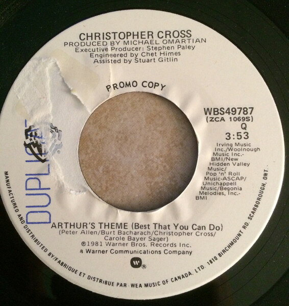 Artist Name: N - 【中古】7” Christopher Cross Arthurs Theme (Best That You Can Do) WBS49787PROMO Warner Bros. Records プロモ /00080