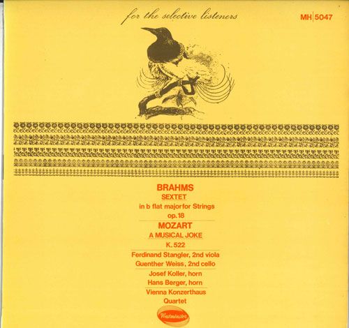 【中古】LP VIENNA KONZERTHAUS QUINTET ブラームス：弦楽六重奏曲変ロ長調作品18 MH5047 WESTMINSTER /00260