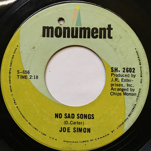 【中古】加7” Joe Simon No Sad Songs / Come On And Get It SH2602 Monument /00080