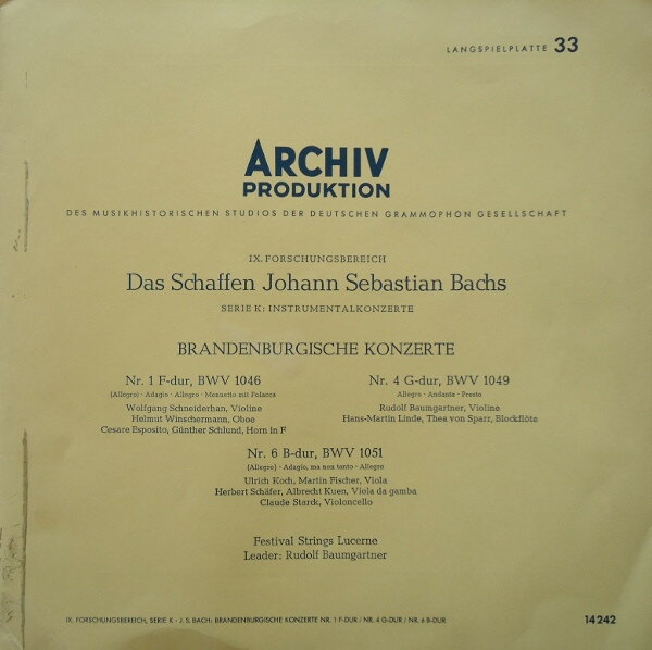 【中古】独LP Johann Sebastian Bach Festiv Brandenburgische Konzerte Nr. 1 F-Dur / Nr. 4 G-Dur 14..