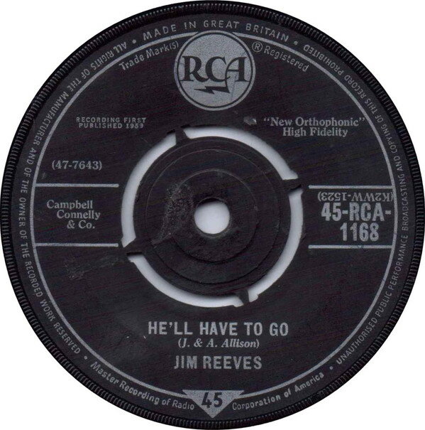 Artist Name: N - 【中古】7” Jim Reeves Hell Have To Go / In A Mansion Stands My Love 45RCA1168 RCA /00080