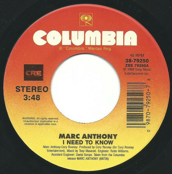 【中古】米7” Marc Anthony I Need To Know 3879250 Columbia /00080