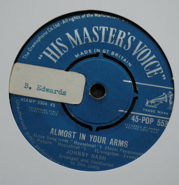 【中古】英7” Johnny Nash Almost In Your Arms 45POP553 His Masters Voice /00080