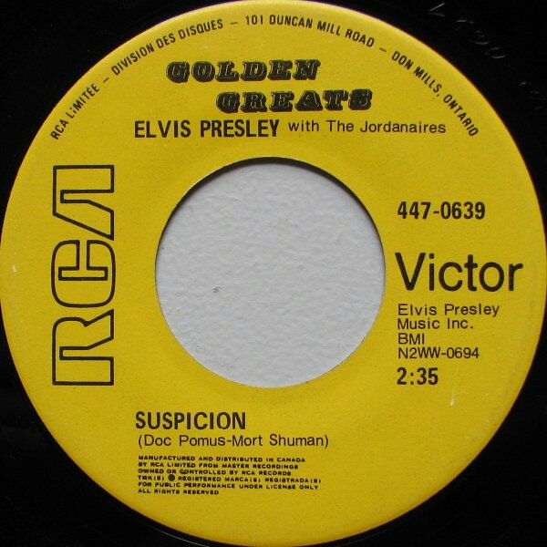【中古】7” Elvis Presley, The Jordanaires Suspicion / Kiss Me Quick 4470639 RCA Victor /00080