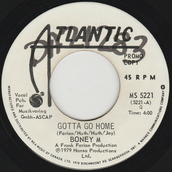【中古】7” Boney M. Gotta Go Home MS5221PROMO Atlantic プロモ /00080