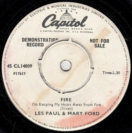 【中古】英7” Les Paul & Mary Ford / Tommy S Fire Im Keeping My Heart Away From Fire / A Swingin 45CL14809,45CL1 Capitol Records プロモ /00080 【中古】英7” Les Paul & Mary Ford / Tommy S Fire Im Keeping My Heart Away From Fire / A Swingin 45CL14809,45CL1 Capitol Records プロモ /00080
