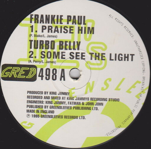 【中古】英12” Frankie Paul, Turbo Belly, Kin Praise Him GRED498 Greensleeves Records /00250 【中古】英12” Frankie Paul, Turbo Belly, Kin Praise Him GRED498 Greensleeves Records /00250