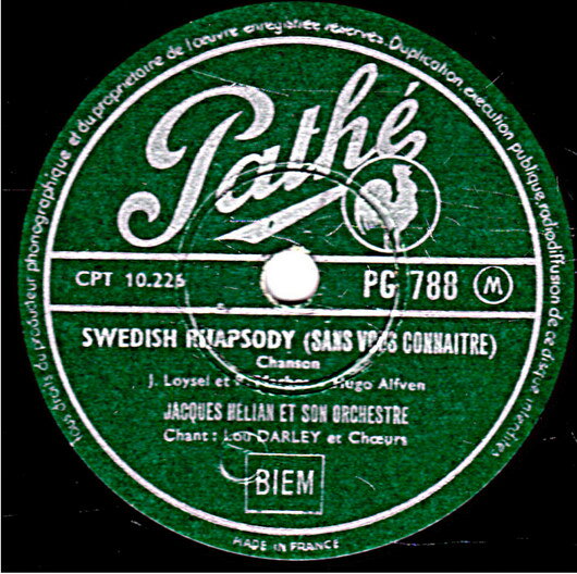 78RPM/SP Jacques Helian Et Son Orchestr Swedish Rhapsody / Fleur De Papillon PG788 PATHE /00500