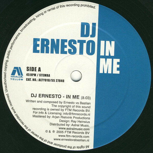 ・アーティスト DJ Ernesto ・タイトル In Me ・レーベル・型番 Altitude Yellow ALTY010 ・フォーマット 12インチレコード ・コンディション(盤) 良い (VG+) ・コンディション(ジャケット) プレインカバー（元ジャケット／カバー無し） ・コンディション(帯) オビなし ・特記事項 サンプル画像です。実際の商品の画像ではありません 商品写真はバーコード/カタログ番号に対応したサンプル画像ですので、お送りする商品の画像ではありません。帯やライナーなどの付属品は、特記事項に記載されている場合のみ含まれます。プロモやカラーレコードなどの仕様についても、該当する場合のみ特記事項に記載しています。 【ご購入前に必ずご確認ください】 ・本店サイト(www.recordcity.jp)とは価格、送料が違います ・本店サイト、その他支店のオーダーとは同梱発送できません ・注文確定後に別の注文を頂いた場合、注文同士の同梱は致しかねます。 ・別倉庫から発送しているため、店頭受け渡しは対応しておりません ・一部商品は他の通販サイトでも販売しているため、ご注文のタイミングによっては商品のご用意ができない場合がございます。 ・土日祝日はお休みです 金曜・祝前日9時以降のご連絡またはご入金は、返答または発送が週明け・祝日明けに順次対応となります。 ・ご購入後のキャンセル不可 ご購入後のキャンセルはいかなる理由においてもお受けできません。ご了承の上、ご購入くださいませ。 ・日本郵便(ゆうパック/ゆうメール)によるお届けになります。 ・中古品であることをご理解ください 当ストアでは中古商品を主に販売しております。中古品であることをご理解の上ご購入ください。また、一部商品はRecordCityオンラインストアで試聴可能です。 ・返品について お客様のご都合による返品は一切承っておりません。 表記の内容と実際の商品に相違がある場合、また針飛び等で返品・返金をご希望される場合は、商品の到着後1週間以内にご連絡ください。商品の返送をこちらで確認後、キャンセル・返金を行います。 コンディションVG以下の商品は返品できません。プレイに影響のない表面のこすれ傷、プレス起因のノイズ盤は返品の対象外です。 【コンディション表記】 ・ほぼ新品(M-)(Like New) 完全な新品。未使用。当店ではほぼ使用しません ・非常に良い(EX)(Excellent) 中古盤として美品な状態。わずかな経年を感じるものの傷みを感じさせない、当店基準で最高の状態 ・良い(VG+)(Very Good Plus) 丁寧に扱われた中古品で、軽い使用感がみられる。 ・可(VG)(Acceptable) 使い込まれた中古品で、「良い」よりもさらに使用感がみられる。 ・悪い(VG-)(Bad) 状態が悪いアイテム。使用の保障はなく、再生不可、針飛び、目立つノイズがあるかもしれない。状態によるクレーム不可。返品不可。 ・非常に悪い(G)(Very Bad) 「悪い」よりさらに状態が悪いアイテム。使用の保障はなく、再生不可、針飛び、目立つノイズがあるかもしれない。状態によるクレーム不可。返品不可。 ・ジャンク(Fair)(Junk/Fair) 割れている、反っている、水ダメージがある、カビ、ジャケットが分離している、ひどい書き込み、ひどい擦れなど最低の状態。使用の保障はなく、再生不可、針飛び、目立つノイズがあるかもしれない。状態によるクレーム不可。返品不可。 ・ジャンク(Poor)(Junk/Poor) 割れている、反っている、水ダメージがある、カビ、ジャケットが分離している、ひどい書き込み、ひどい擦れなど最低の状態。使用の保障はなく、再生不可、針飛び、目立つノイズがあるかもしれない。状態によるクレーム不可。返品不可。