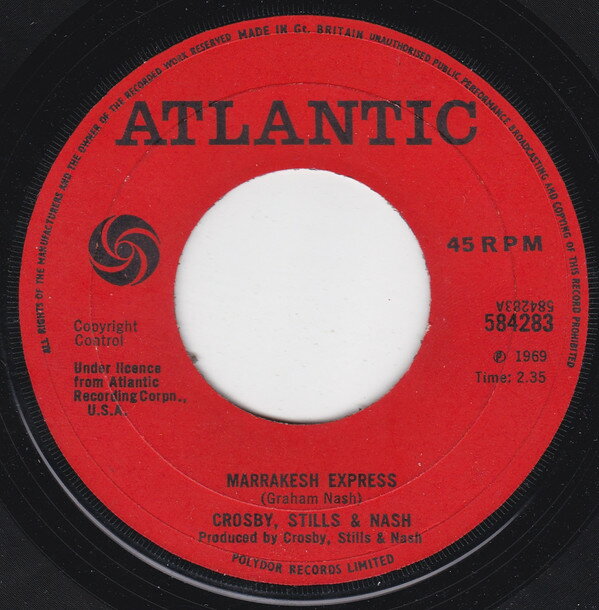 ・アーティスト Crosby, Stills & Nash ・タイトル Marrakesh Express ・レーベル・型番 ATLANTIC 584283 ・フォーマット 7インチレコード ・コンディション(盤) 良い (VG+) ・コンディション(ジャケット) プレインカバー（元ジャケット／カバー無し） ・コンディション(帯) オビなし ・特記事項 【盤に浅い跡】【盤に小さいキズ】 サンプル画像です。実際の商品の画像ではありません 商品写真はバーコード/カタログ番号に対応したサンプル画像ですので、お送りする商品の画像ではありません。帯やライナーなどの付属品は、特記事項に記載されている場合のみ含まれます。プロモやカラーレコードなどの仕様についても、該当する場合のみ特記事項に記載しています。 【ご購入前に必ずご確認ください】 ・本店サイト(www.recordcity.jp)とは価格、送料が違います ・本店サイト、その他支店のオーダーとは同梱発送できません ・注文確定後に別の注文を頂いた場合、注文同士の同梱は致しかねます。 ・別倉庫から発送しているため、店頭受け渡しは対応しておりません ・一部商品は他の通販サイトでも販売しているため、ご注文のタイミングによっては商品のご用意ができない場合がございます。 ・土日祝日はお休みです 金曜・祝前日9時以降のご連絡またはご入金は、返答または発送が週明け・祝日明けに順次対応となります。 ・ご購入後のキャンセル不可 ご購入後のキャンセルはいかなる理由においてもお受けできません。ご了承の上、ご購入くださいませ。 ・日本郵便(ゆうパック/ゆうメール)によるお届けになります。 ・中古品であることをご理解ください 当ストアでは中古商品を主に販売しております。中古品であることをご理解の上ご購入ください。また、一部商品はRecordCityオンラインストアで試聴可能です。 ・返品について お客様のご都合による返品は一切承っておりません。 表記の内容と実際の商品に相違がある場合、また針飛び等で返品・返金をご希望される場合は、商品の到着後1週間以内にご連絡ください。商品の返送をこちらで確認後、キャンセル・返金を行います。 コンディションVG以下の商品は返品できません。プレイに影響のない表面のこすれ傷、プレス起因のノイズ盤は返品の対象外です。 【コンディション表記】 ・ほぼ新品(M-)(Like New) 完全な新品。未使用。当店ではほぼ使用しません ・非常に良い(EX)(Excellent) 中古盤として美品な状態。わずかな経年を感じるものの傷みを感じさせない、当店基準で最高の状態 ・良い(VG+)(Very Good Plus) 丁寧に扱われた中古品で、軽い使用感がみられる。 ・可(VG)(Acceptable) 使い込まれた中古品で、「良い」よりもさらに使用感がみられる。 ・悪い(VG-)(Bad) 状態が悪いアイテム。使用の保障はなく、再生不可、針飛び、目立つノイズがあるかもしれない。状態によるクレーム不可。返品不可。 ・非常に悪い(G)(Very Bad) 「悪い」よりさらに状態が悪いアイテム。使用の保障はなく、再生不可、針飛び、目立つノイズがあるかもしれない。状態によるクレーム不可。返品不可。 ・ジャンク(Fair)(Junk/Fair) 割れている、反っている、水ダメージがある、カビ、ジャケットが分離している、ひどい書き込み、ひどい擦れなど最低の状態。使用の保障はなく、再生不可、針飛び、目立つノイズがあるかもしれない。状態によるクレーム不可。返品不可。 ・ジャンク(Poor)(Junk/Poor) 割れている、反っている、水ダメージがある、カビ、ジャケットが分離している、ひどい書き込み、ひどい擦れなど最低の状態。使用の保障はなく、再生不可、針飛び、目立つノイズがあるかもしれない。状態によるクレーム不可。返品不可。