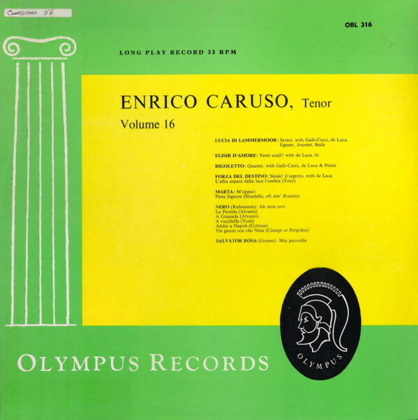 ・アーティスト Enrico Caruso ・タイトル Enrico Caruso Volume 16 ・レーベル・型番 Olympus Records ORL316 ・フォーマット LPレコード ・コンディション(盤) 良い (VG+) ・コンディション(ジャケット) 良い (VG+) ・コンディション(帯) オビなし ・特記事項 サンプル画像です。実際の商品の画像ではありません 商品写真はバーコード/カタログ番号に対応したサンプル画像ですので、お送りする商品の画像ではありません。帯やライナーなどの付属品は、特記事項に記載されている場合のみ含まれます。プロモやカラーレコードなどの仕様についても、該当する場合のみ特記事項に記載しています。 【ご購入前に必ずご確認ください】 ・本店サイト(www.recordcity.jp)とは価格、送料が違います ・本店サイト、その他支店のオーダーとは同梱発送できません ・注文確定後に別の注文を頂いた場合、注文同士の同梱は致しかねます。 ・別倉庫から発送しているため、店頭受け渡しは対応しておりません ・一部商品は他の通販サイトでも販売しているため、ご注文のタイミングによっては商品のご用意ができない場合がございます。 ・土日祝日はお休みです 金曜・祝前日9時以降のご連絡またはご入金は、返答または発送が週明け・祝日明けに順次対応となります。 ・ご購入後のキャンセル不可 ご購入後のキャンセルはいかなる理由においてもお受けできません。ご了承の上、ご購入くださいませ。 ・日本郵便(ゆうパック/ゆうメール)によるお届けになります。 ・中古品であることをご理解ください 当ストアでは中古商品を主に販売しております。中古品であることをご理解の上ご購入ください。また、一部商品はRecordCityオンラインストアで試聴可能です。 ・返品について お客様のご都合による返品は一切承っておりません。 表記の内容と実際の商品に相違がある場合、また針飛び等で返品・返金をご希望される場合は、商品の到着後1週間以内にご連絡ください。商品の返送をこちらで確認後、キャンセル・返金を行います。 コンディションVG以下の商品は返品できません。プレイに影響のない表面のこすれ傷、プレス起因のノイズ盤は返品の対象外です。 【コンディション表記】 ・ほぼ新品(M-)(Like New) 完全な新品。未使用。当店ではほぼ使用しません ・非常に良い(EX)(Excellent) 中古盤として美品な状態。わずかな経年を感じるものの傷みを感じさせない、当店基準で最高の状態 ・良い(VG+)(Very Good Plus) 丁寧に扱われた中古品で、軽い使用感がみられる。 ・可(VG)(Acceptable) 使い込まれた中古品で、「良い」よりもさらに使用感がみられる。 ・悪い(VG-)(Bad) 状態が悪いアイテム。使用の保障はなく、再生不可、針飛び、目立つノイズがあるかもしれない。状態によるクレーム不可。返品不可。 ・非常に悪い(G)(Very Bad) 「悪い」よりさらに状態が悪いアイテム。使用の保障はなく、再生不可、針飛び、目立つノイズがあるかもしれない。状態によるクレーム不可。返品不可。 ・ジャンク(Fair)(Junk/Fair) 割れている、反っている、水ダメージがある、カビ、ジャケットが分離している、ひどい書き込み、ひどい擦れなど最低の状態。使用の保障はなく、再生不可、針飛び、目立つノイズがあるかもしれない。状態によるクレーム不可。返品不可。 ・ジャンク(Poor)(Junk/Poor) 割れている、反っている、水ダメージがある、カビ、ジャケットが分離している、ひどい書き込み、ひどい擦れなど最低の状態。使用の保障はなく、再生不可、針飛び、目立つノイズがあるかもしれない。状態によるクレーム不可。返品不可。