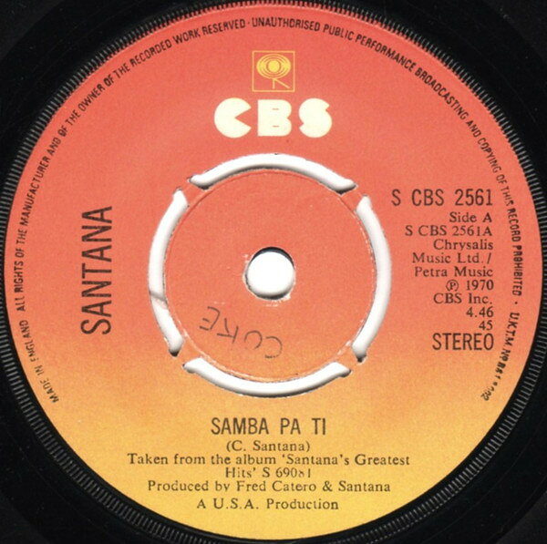 ・アーティスト Santana ・タイトル Samba Pa Ti ・レーベル・型番 CBS CBS2561 ・フォーマット 7インチレコード ・コンディション(盤) 良い (VG+) ・コンディション(ジャケット) プレインカバー（元ジャケット／カバー無し） ・コンディション(帯) オビなし ・特記事項 サンプル画像です。実際の商品の画像ではありません 商品写真はバーコード/カタログ番号に対応したサンプル画像ですので、お送りする商品の画像ではありません。帯やライナーなどの付属品は、特記事項に記載されている場合のみ含まれます。プロモやカラーレコードなどの仕様についても、該当する場合のみ特記事項に記載しています。 【ご購入前に必ずご確認ください】 ・本店サイト(www.recordcity.jp)とは価格、送料が違います ・本店サイト、その他支店のオーダーとは同梱発送できません ・注文確定後に別の注文を頂いた場合、注文同士の同梱は致しかねます。 ・別倉庫から発送しているため、店頭受け渡しは対応しておりません ・一部商品は他の通販サイトでも販売しているため、ご注文のタイミングによっては商品のご用意ができない場合がございます。 ・土日祝日はお休みです 金曜・祝前日9時以降のご連絡またはご入金は、返答または発送が週明け・祝日明けに順次対応となります。 ・ご購入後のキャンセル不可 ご購入後のキャンセルはいかなる理由においてもお受けできません。ご了承の上、ご購入くださいませ。 ・日本郵便(ゆうパック/ゆうメール)によるお届けになります。 ・中古品であることをご理解ください 当ストアでは中古商品を主に販売しております。中古品であることをご理解の上ご購入ください。また、一部商品はRecordCityオンラインストアで試聴可能です。 ・返品について お客様のご都合による返品は一切承っておりません。 表記の内容と実際の商品に相違がある場合、また針飛び等で返品・返金をご希望される場合は、商品の到着後1週間以内にご連絡ください。商品の返送をこちらで確認後、キャンセル・返金を行います。 コンディションVG以下の商品は返品できません。プレイに影響のない表面のこすれ傷、プレス起因のノイズ盤は返品の対象外です。 【コンディション表記】 ・ほぼ新品(M-)(Like New) 完全な新品。未使用。当店ではほぼ使用しません ・非常に良い(EX)(Excellent) 中古盤として美品な状態。わずかな経年を感じるものの傷みを感じさせない、当店基準で最高の状態 ・良い(VG+)(Very Good Plus) 丁寧に扱われた中古品で、軽い使用感がみられる。 ・可(VG)(Acceptable) 使い込まれた中古品で、「良い」よりもさらに使用感がみられる。 ・悪い(VG-)(Bad) 状態が悪いアイテム。使用の保障はなく、再生不可、針飛び、目立つノイズがあるかもしれない。状態によるクレーム不可。返品不可。 ・非常に悪い(G)(Very Bad) 「悪い」よりさらに状態が悪いアイテム。使用の保障はなく、再生不可、針飛び、目立つノイズがあるかもしれない。状態によるクレーム不可。返品不可。 ・ジャンク(Fair)(Junk/Fair) 割れている、反っている、水ダメージがある、カビ、ジャケットが分離している、ひどい書き込み、ひどい擦れなど最低の状態。使用の保障はなく、再生不可、針飛び、目立つノイズがあるかもしれない。状態によるクレーム不可。返品不可。 ・ジャンク(Poor)(Junk/Poor) 割れている、反っている、水ダメージがある、カビ、ジャケットが分離している、ひどい書き込み、ひどい擦れなど最低の状態。使用の保障はなく、再生不可、針飛び、目立つノイズがあるかもしれない。状態によるクレーム不可。返品不可。