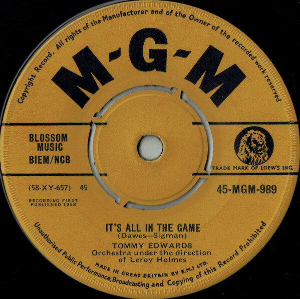【中古】英7” Tommy Edwards Its All In The Game 45MGM989 MGM Records /00080