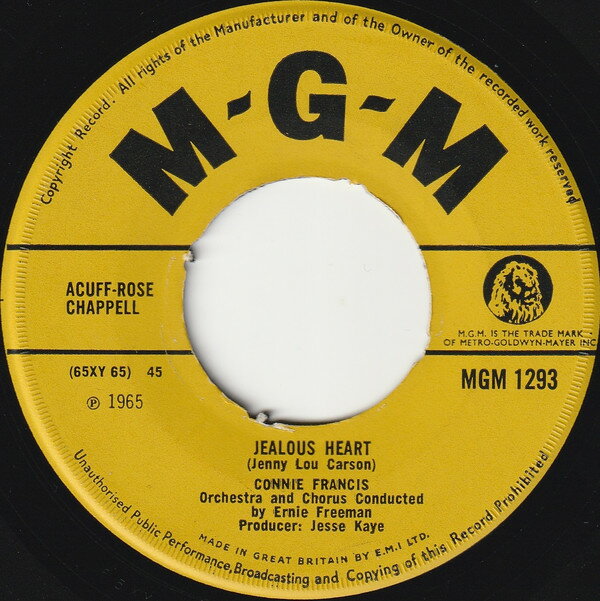 【中古】英7” Connie Francis Jealous Heart MGM1293 MGM Records /00080